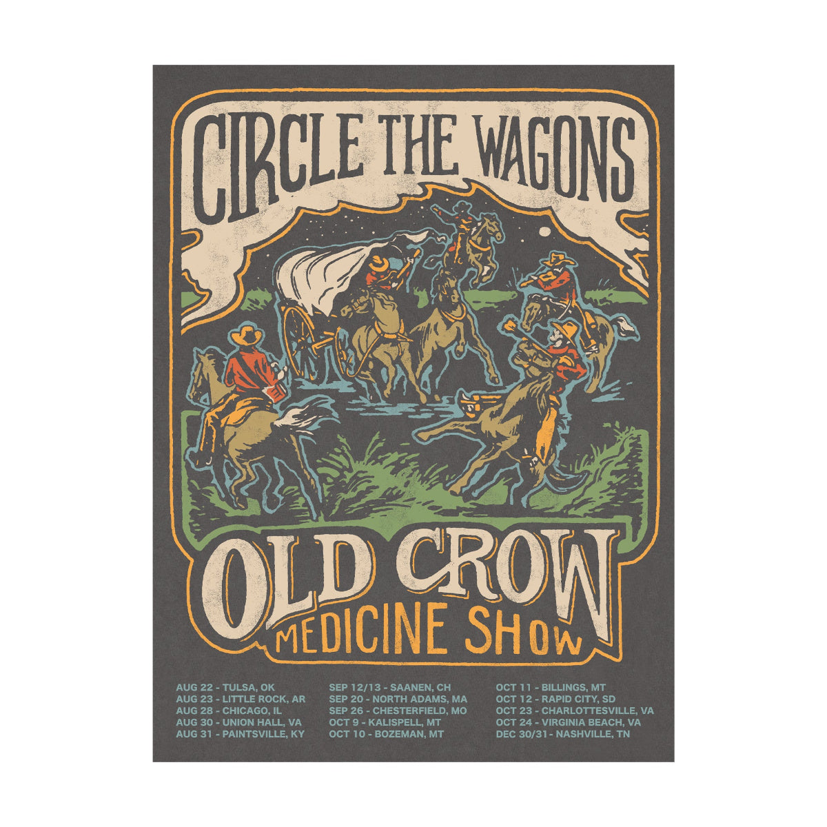 Old Crow Medicine Show poster with a vintage design featuring horses and riders.