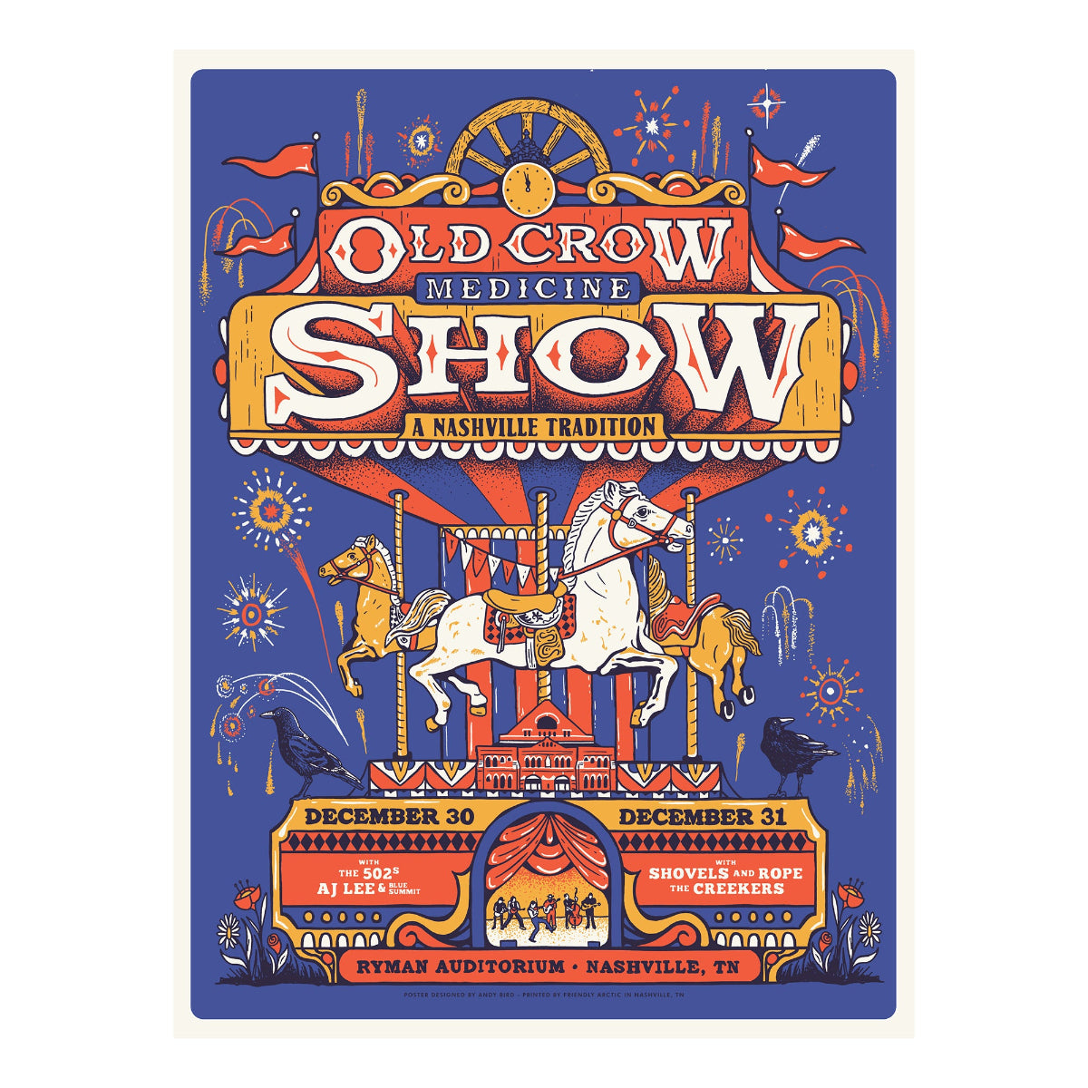 Old Crow Medicine Show poster with a horse and decorative elements on a blue background.