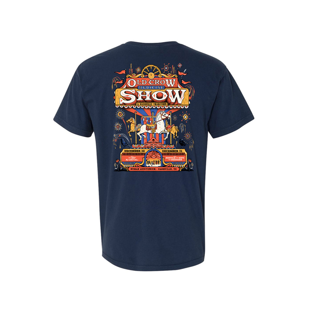 Navy blue t-shirt with colorful graphic design on the back.
